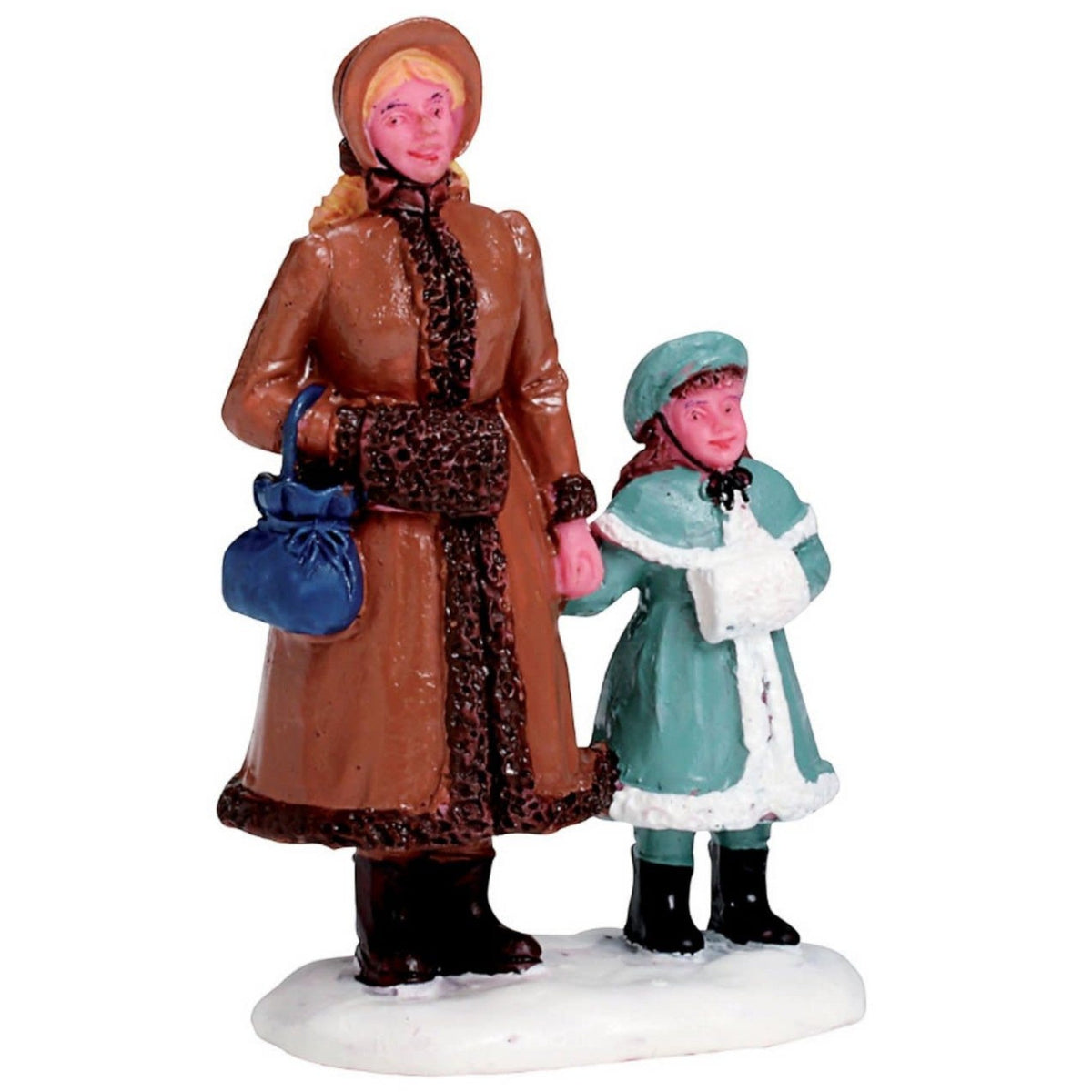 Day in Town Village Figurine set two winter villagers brown coat teal outfit on snowy base on Tampa Home & Garden Store