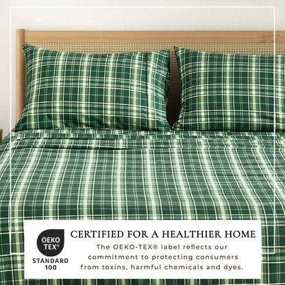 Printed Sheet Set Baylor Collection bed sheets in green plaid with two pillowcases Great Bay Home on Tampa Home & Garden Store