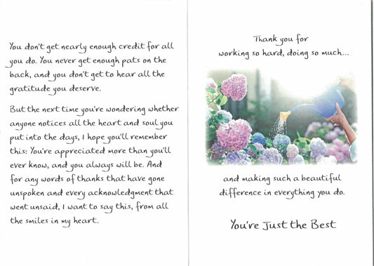 Greeting card tri-fold with handwritten left text and hydrangea image on Tampa Home & Garden Store