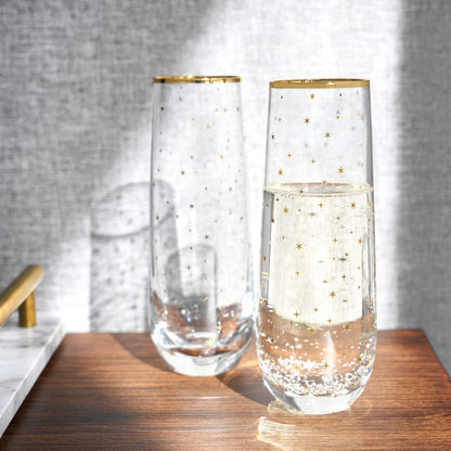 Gold Star and Celestial Stemless Champagne Flutes