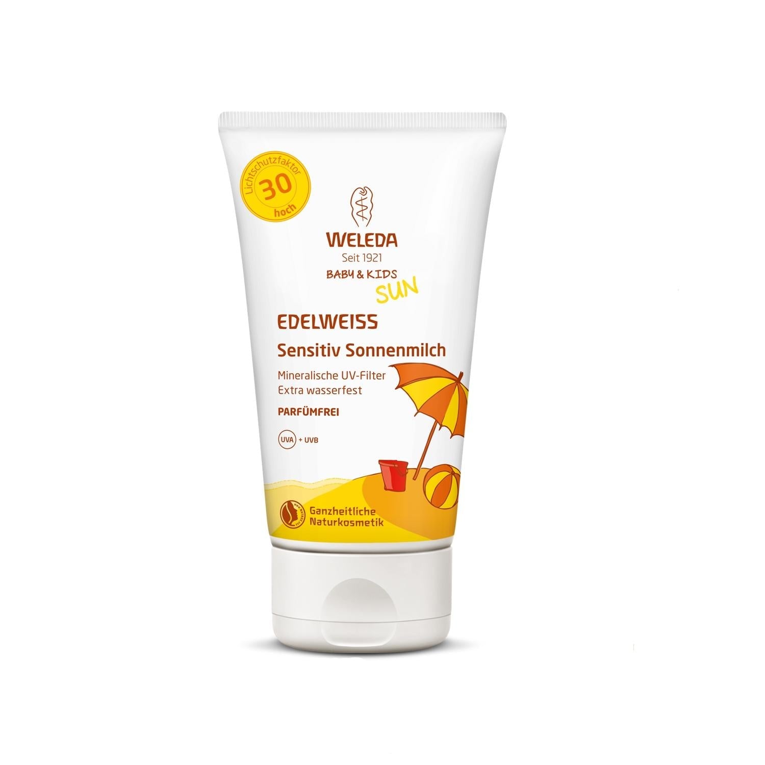 Weleda Baby & Kids Sonnenmilch SPF30 tube with white packaging and orange umbrella graphic on Tampa Home & Garden Store