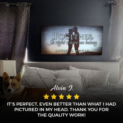 Together Sign canvas wall art with couple silhouette in a cozy bedroom by Tailored Canvases on Tampa Home & Garden Store