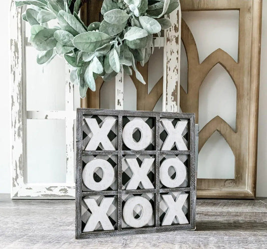 Gingham XOXO decorative tic-tac-toe block in distressed gray wood with white X and O letters 3x3 on Tampa Home & Garden Store