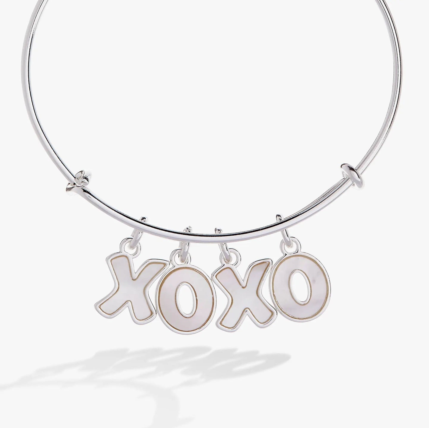 XOXO Charm Bangle by Alex and Ani, silver-tone bracelet with white enamel XOXO charms on Tampa Home & Garden Store