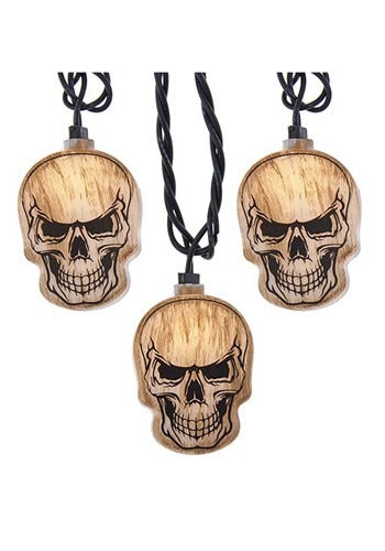 Skull Head 10 Light String Light Set with wooden skull bulbs, 3 skulls on black cords on Tampa Home & Garden Store