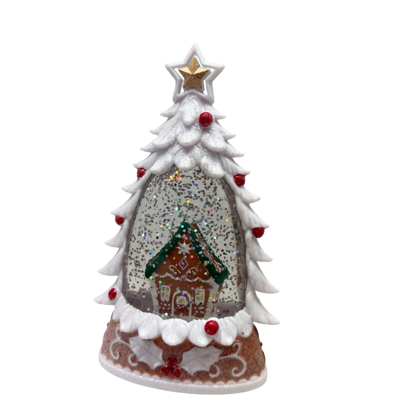 Lighted Gingerbread House Water Globe white glitter tree with gold star and red berries on Tampa Home & Garden Store