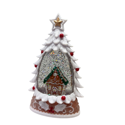 Lighted Gingerbread House Water Globe white glitter tree with gold star and red berries on Tampa Home & Garden Store
