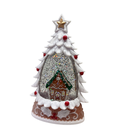 Lighted Gingerbread House Water Globe white glitter tree with gold star and red berries on Tampa Home & Garden Store