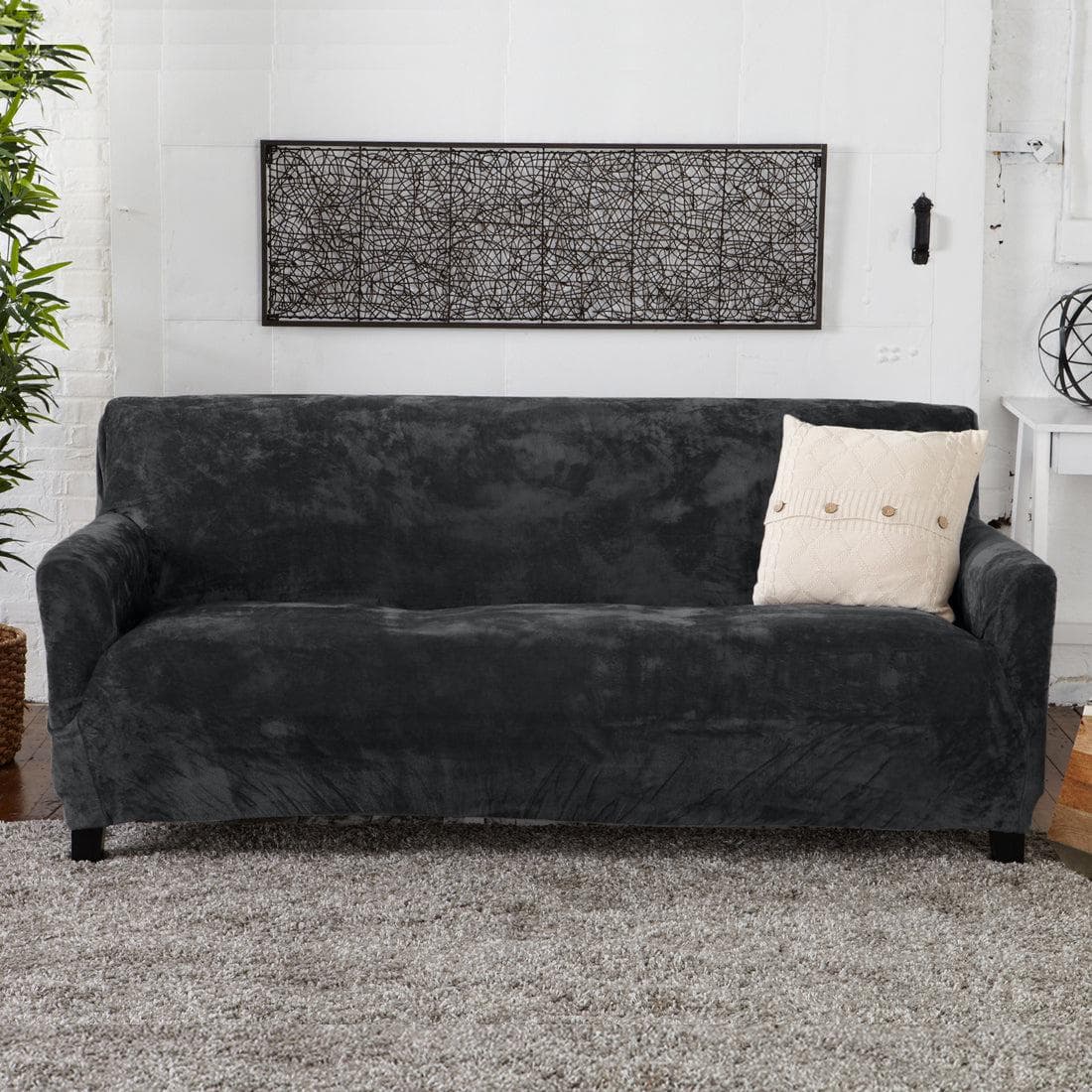 Velvet Stretch Slipcover - Gale Collection for sofa in charcoal gray by Great Bay Home on Tampa Home & Garden Store