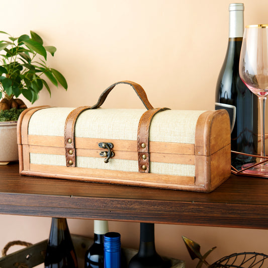 One Bottle Vintage Striped Trunk Wine Box, Twine Living, beige fabric trunk with brown leather straps on Tampa Home & Garden Store