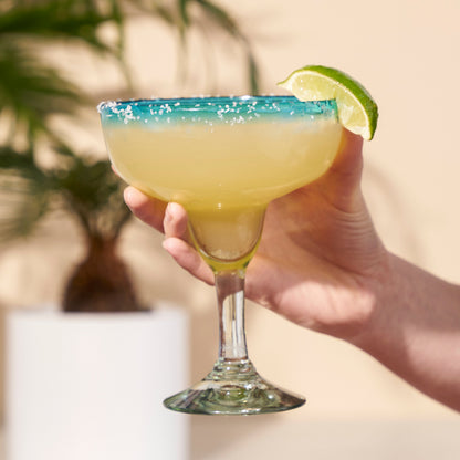 Segunda Vida Primavera margarita glass with blue rim and salted edge, lime wedge on Tampa Home & Garden Store