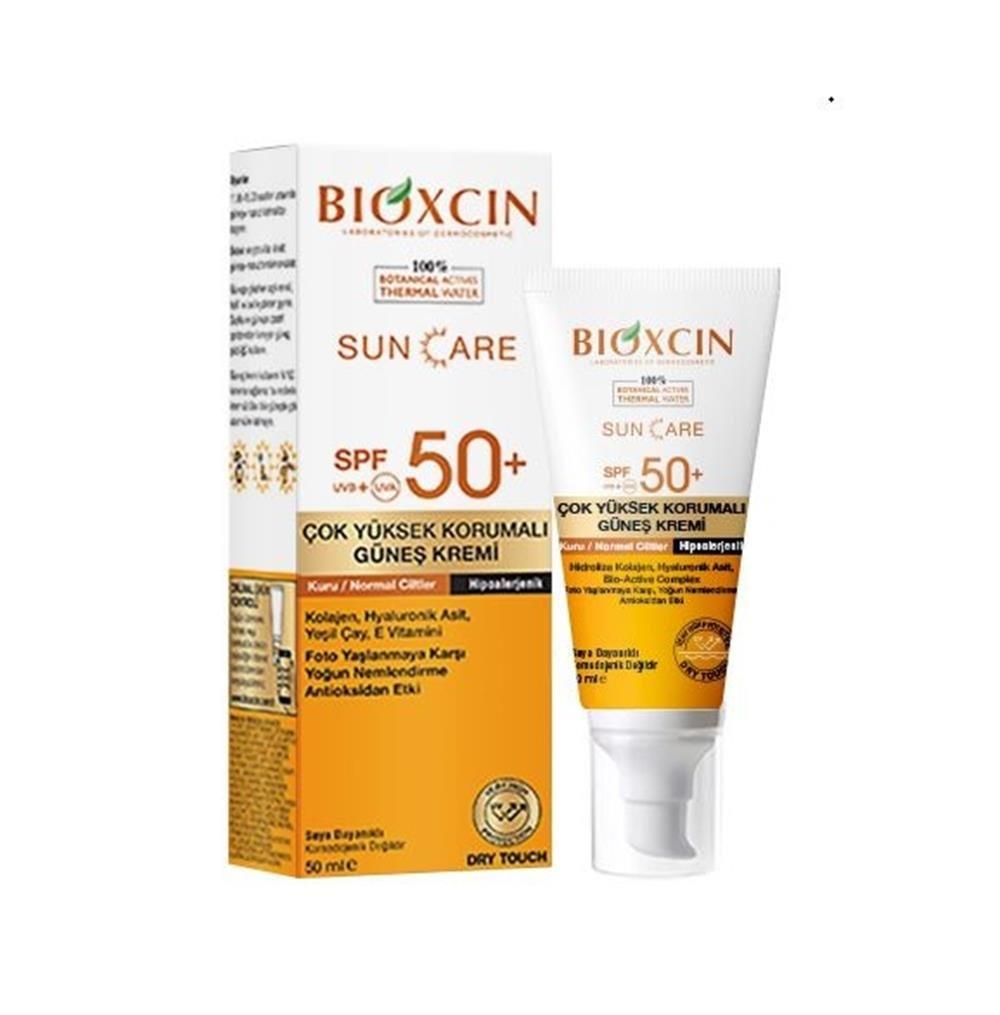 Bioxcin Sunscreen SPF 50+ Sun Care tube and box in white and orange packaging for dry skin on Tampa Home & Garden Store