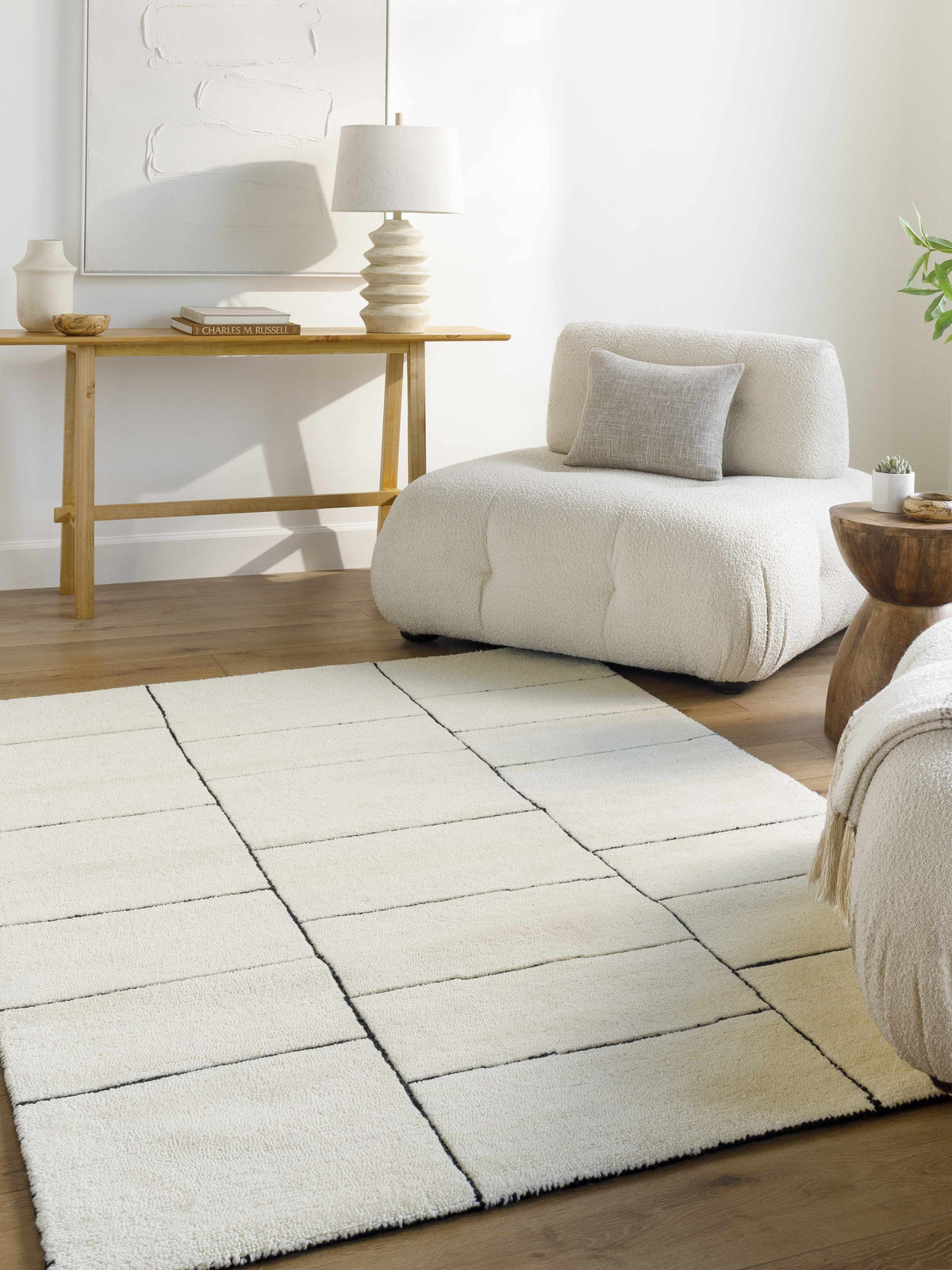 Xylia Ivory Area Rug by Boutique Rugs, ivory shag with black grid lines on Tampa Home & Garden Store