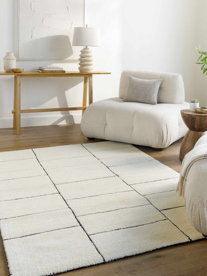 Xylia Ivory Area Rug by Boutique Rugs, ivory shag with black grid lines on Tampa Home & Garden Store