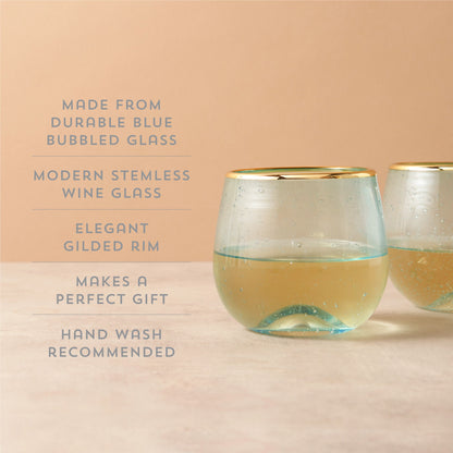 Aqua Bubble Stemless Wine Glasses and Gold Rim