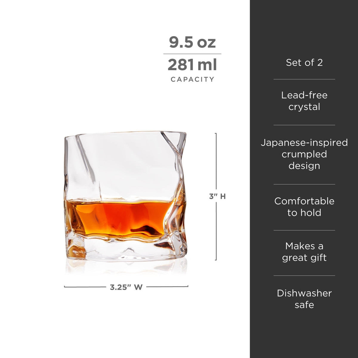 Molten stemless cocktail glasses by Viski, set of 2, clear crystal with amber liquid on Tampa Home & Garden Store