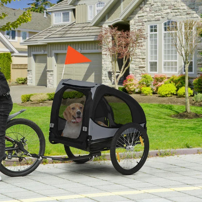 Dog bike trailer for medium dogs, black pet stroller with mesh and orange flag on a bicycle on Tampa Home & Garden Store