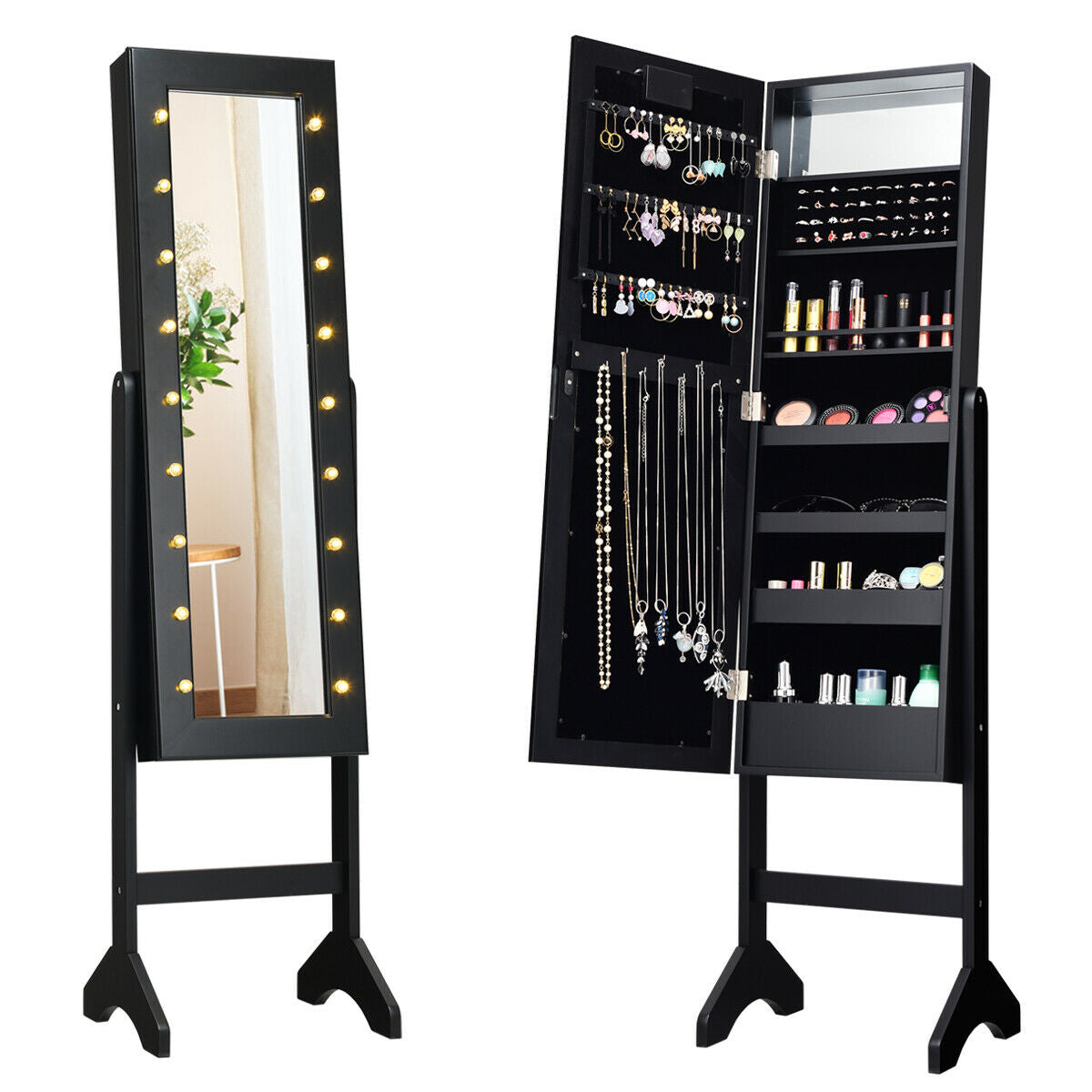 Joyero armariete organizador con espejo y luces LED - Negro