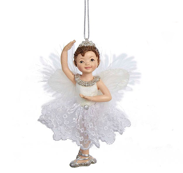 White and silver ballerina ornament with tutu and angel wings by The Country Christmas Loft on Tampa Home & Garden Store