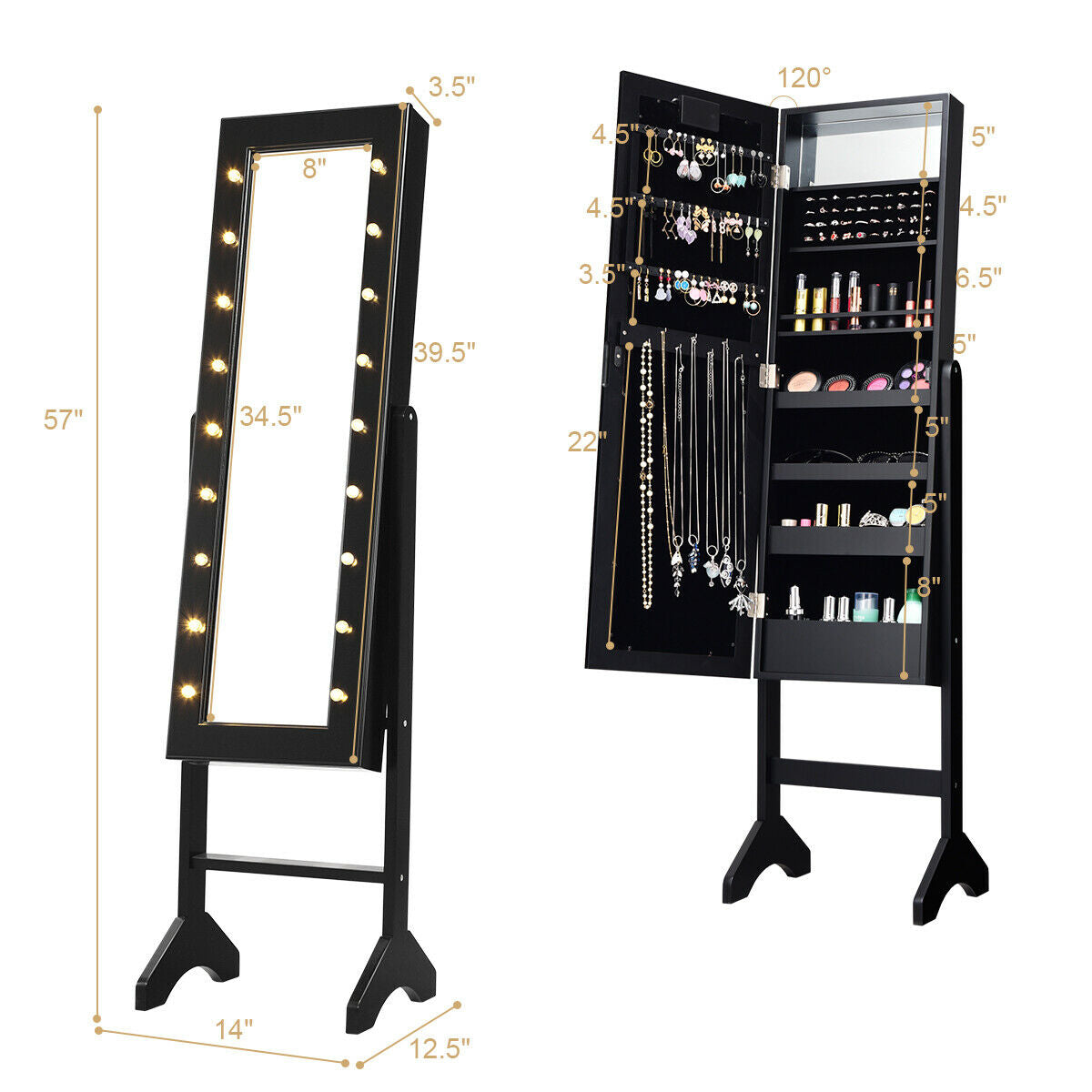 Joyero armariete organizador con espejo y luces LED - Negro