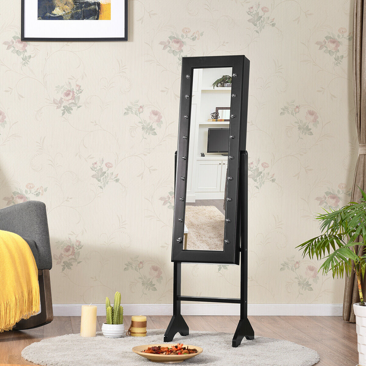 Joyero armariete organizador con espejo y luces LED - Negro