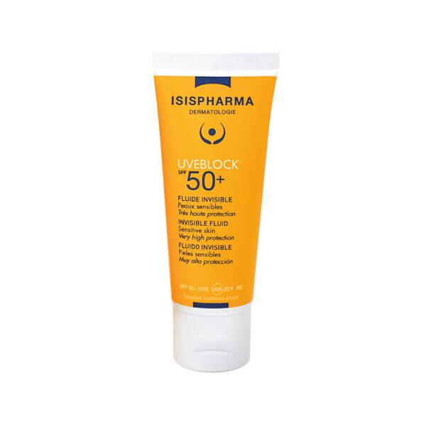 Isispharma Uveblock Invisible Fluid SPF50+ sunscreen in orange tube with white cap on Tampa Home & Garden Store