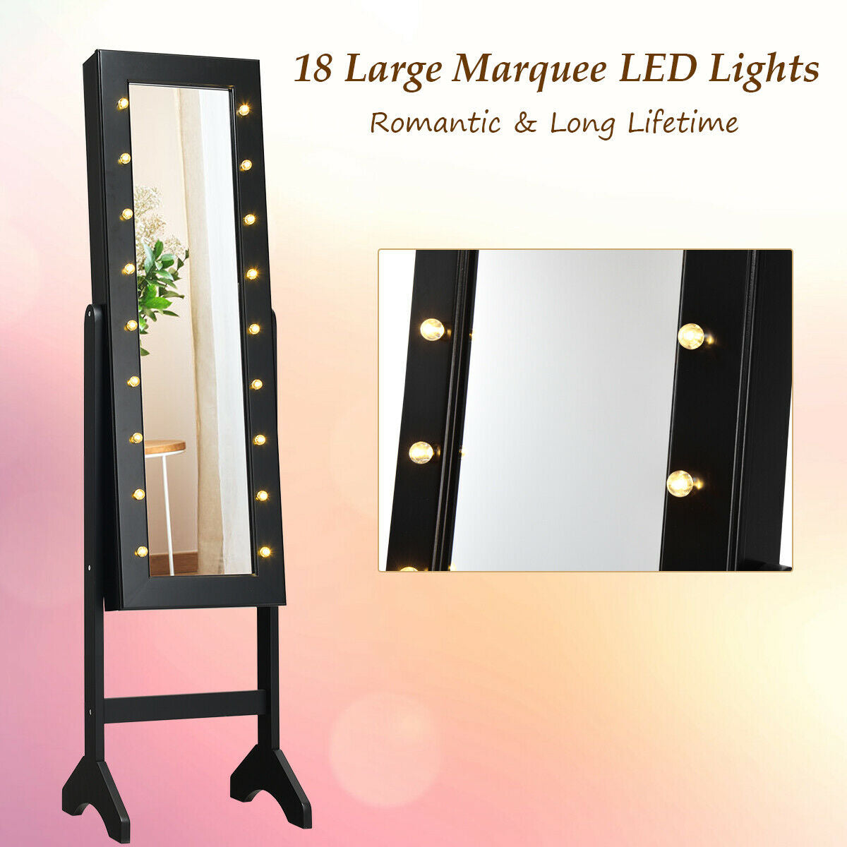 Joyero armariete organizador con espejo y luces LED - Negro