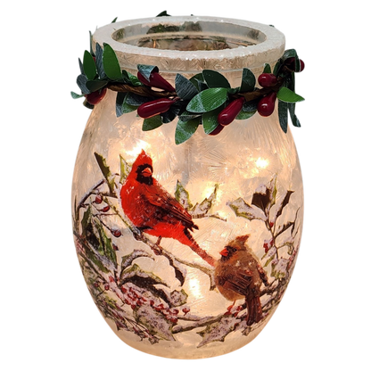 Lighted Glass Jar with Garland - Holly & Cardinals