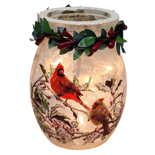 Lighted Glass Jar with Garland - Holly & Cardinals
