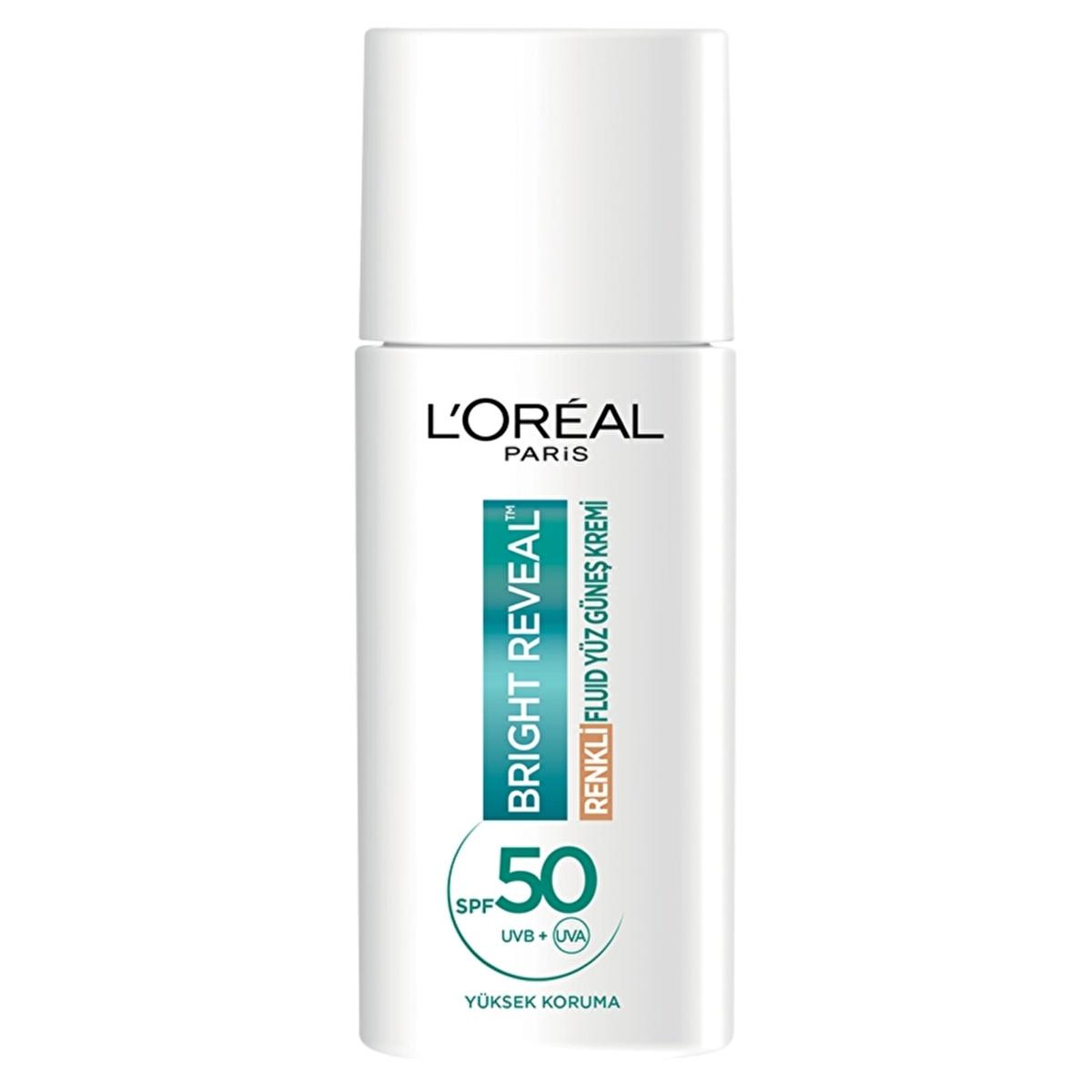 L'Oreal Paris Bright Reveal SPF 50+ tinted facial sunscreen, white bottle teal label, Medium on Tampa Home & Garden Store