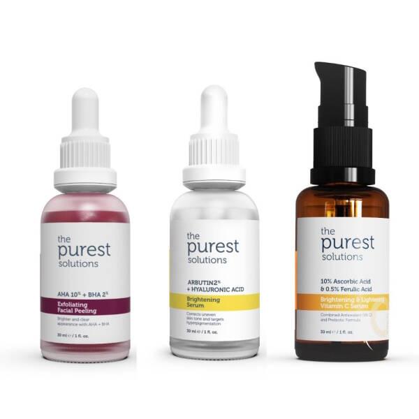 Skincare set: pink exfoliating peel, white brightening serum, amber vitamin C serum on Tampa Home & Garden Store
