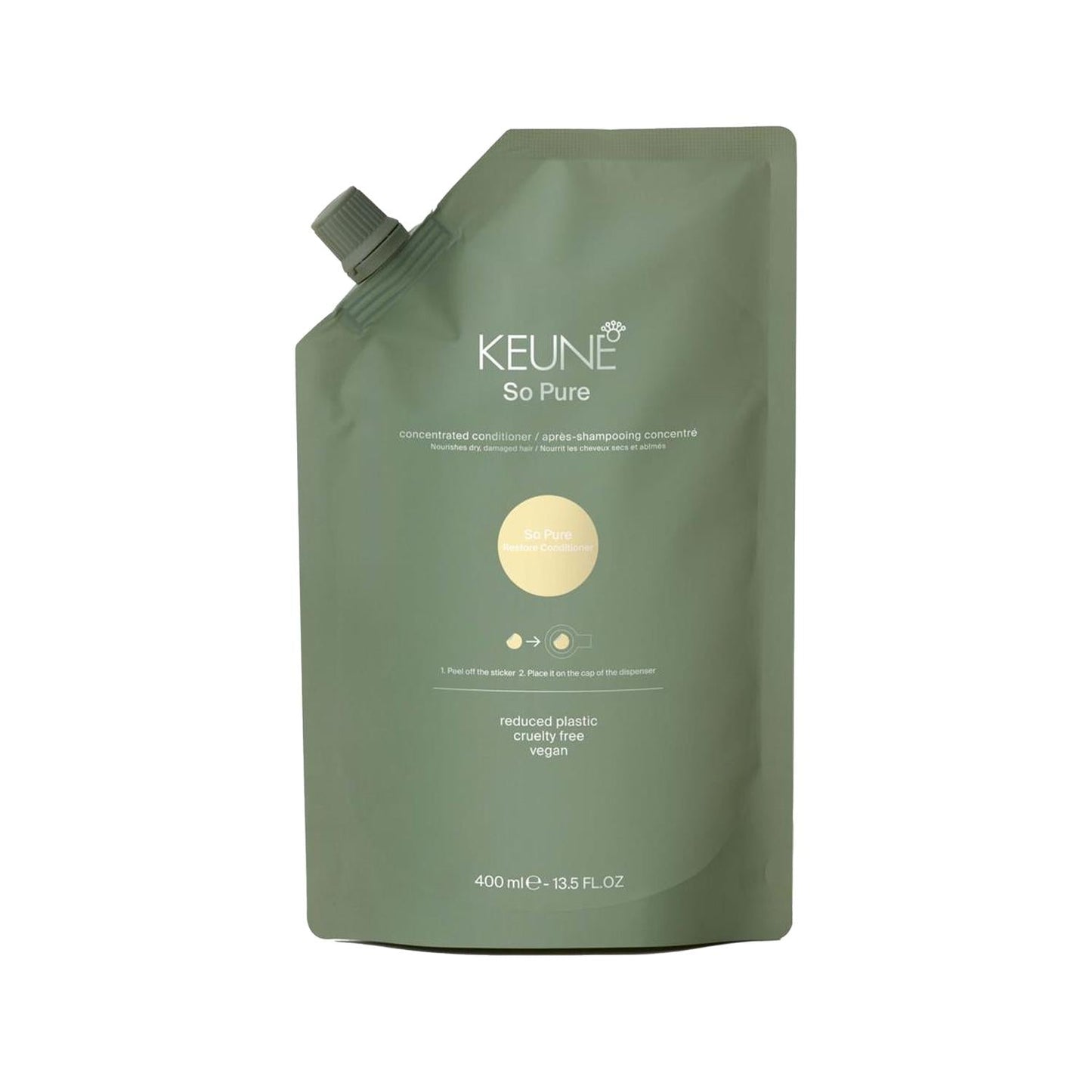 Keune So Pure Restore Hair Conditioner Refill green pouch with cap, 400 ml (13.5 fl oz) on Tampa Home & Garden Store