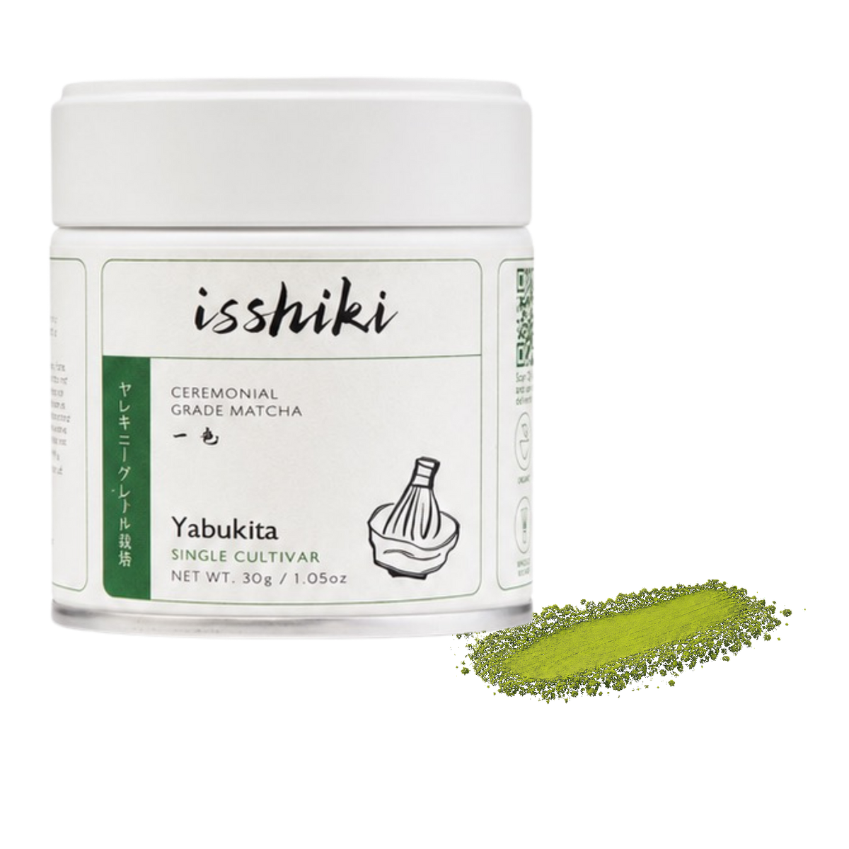 Premium Matcha Powder Yabukita single cultivar by isshiki matcha in a white jar on Tampa Home & Garden Store