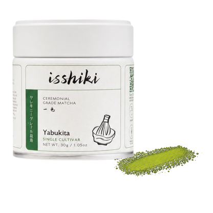 Premium Matcha Powder Yabukita single cultivar by isshiki matcha in a white jar on Tampa Home & Garden Store