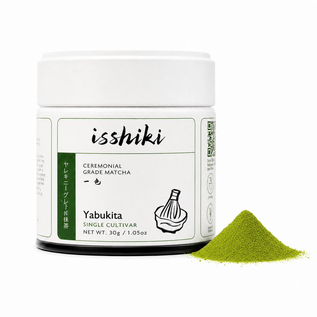 Isshiki Yabukita matcha powder jar with green label beside a mound of bright green matcha on Tampa Home & Garden Store