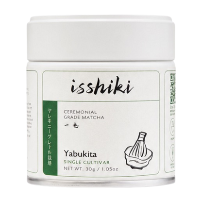 Premium Matcha Powder ceremonial grade Yabukita single cultivar by isshiki in a white jar on Tampa Home & Garden Store