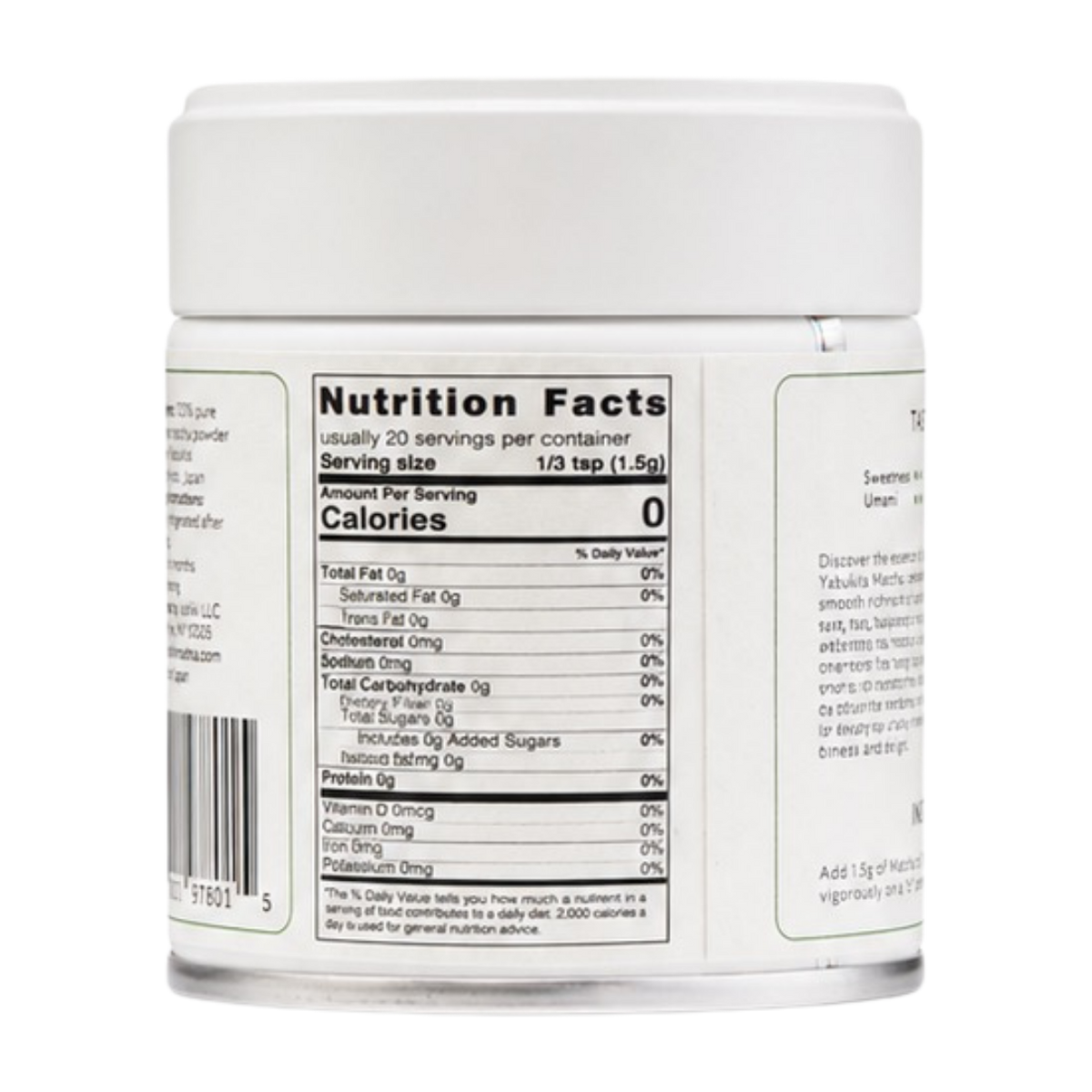 Yabukita matcha powder jar by isshiki matcha, white container with nutrition label on Tampa Home & Garden Store