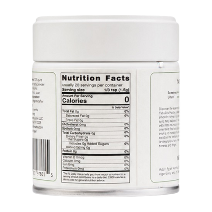 Yabukita matcha powder jar by isshiki matcha, white container with nutrition label on Tampa Home & Garden Store