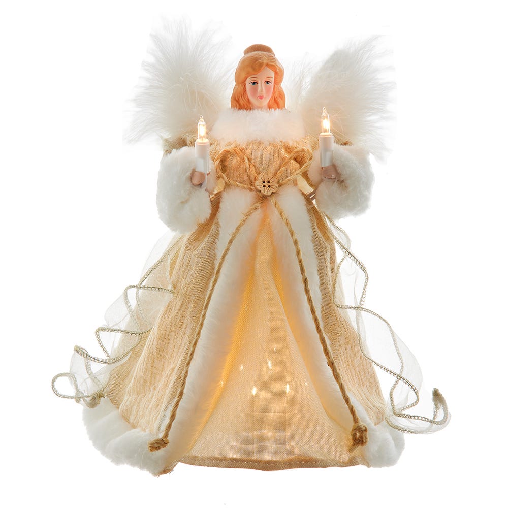 Lighted angel treetop, 10 inch, beige gown with fur trim, by The Country Christmas Loft on Tampa Home & Garden Store