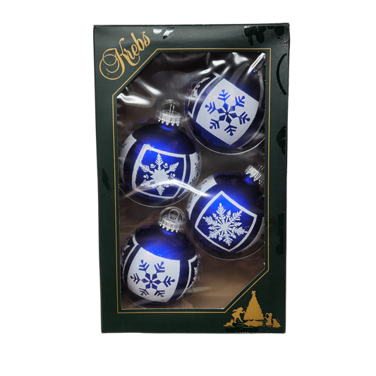 Boules de verre Krebs Value, lot de 4 - Flocons de neige à paillettes blanches sur fond bleu foncé