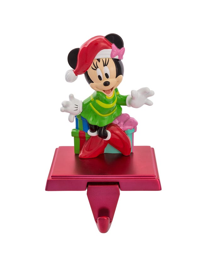 Minnie Mouse Stocking Hanger with Retractable Hook by The Country Christmas Loft; Minnie on pink base on Tampa Home & Garden Store