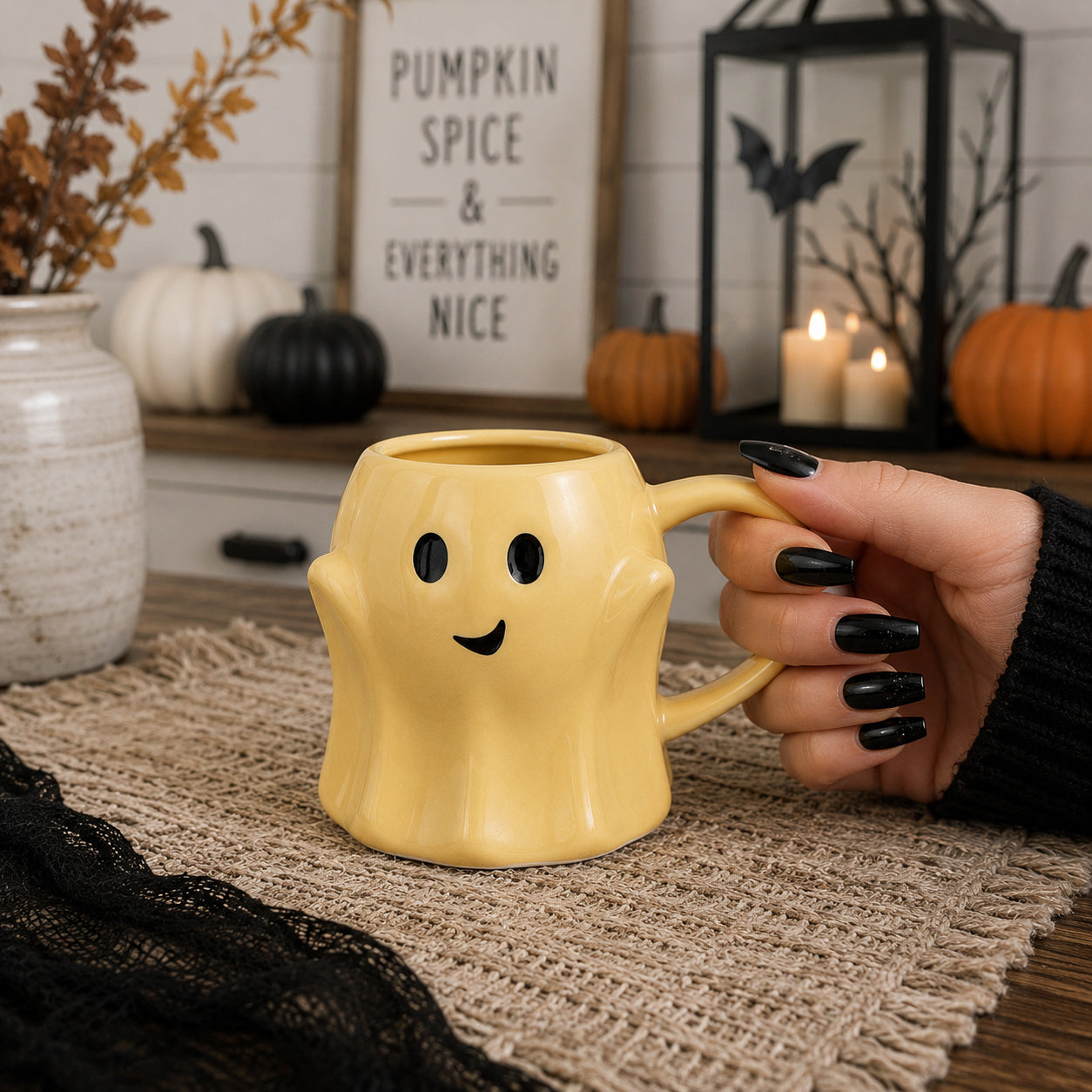 Ghost Mug by Gia Roma, yellow ceramic coffee mug with a friendly ghost face, held by a hand on Tampa Home & Garden Store