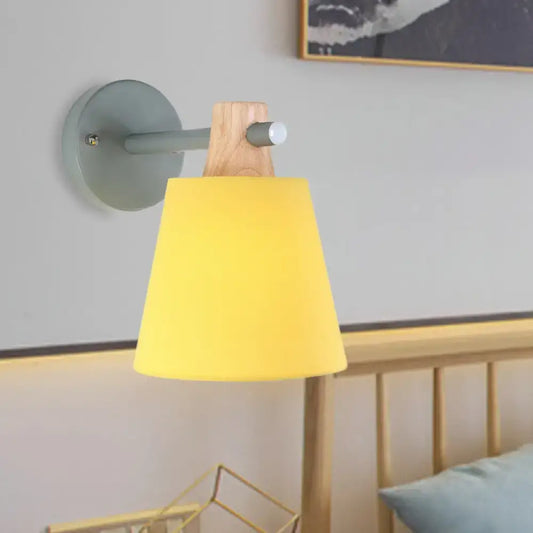 Yellow macaron fabric wall light with wood accent bedroom sconce Decorbites on Tampa Home & Garden Store