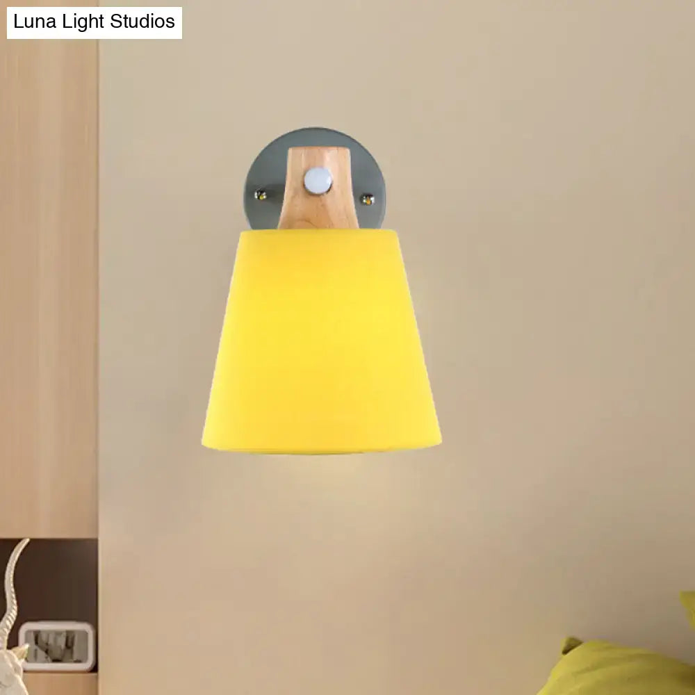 Yellow macaron fabric wall light with wood accent bedroom sconce by Decorbites on Tampa Home & Garden Store