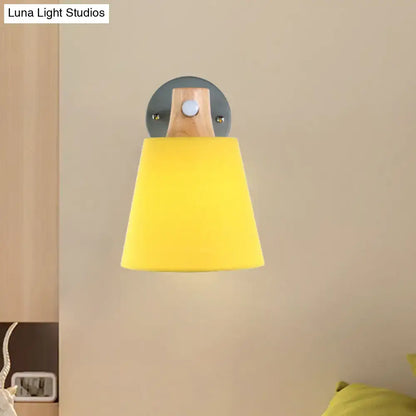 Yellow macaron fabric wall light with wood accent bedroom sconce by Decorbites on Tampa Home & Garden Store