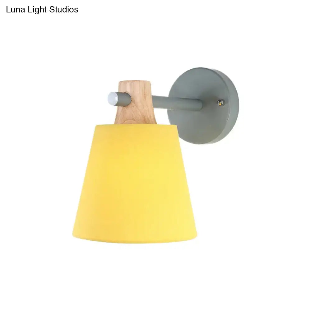 Yellow macaron fabric wall light with wood accent sconce, yellow shade on gray wall mount on Tampa Home & Garden Store