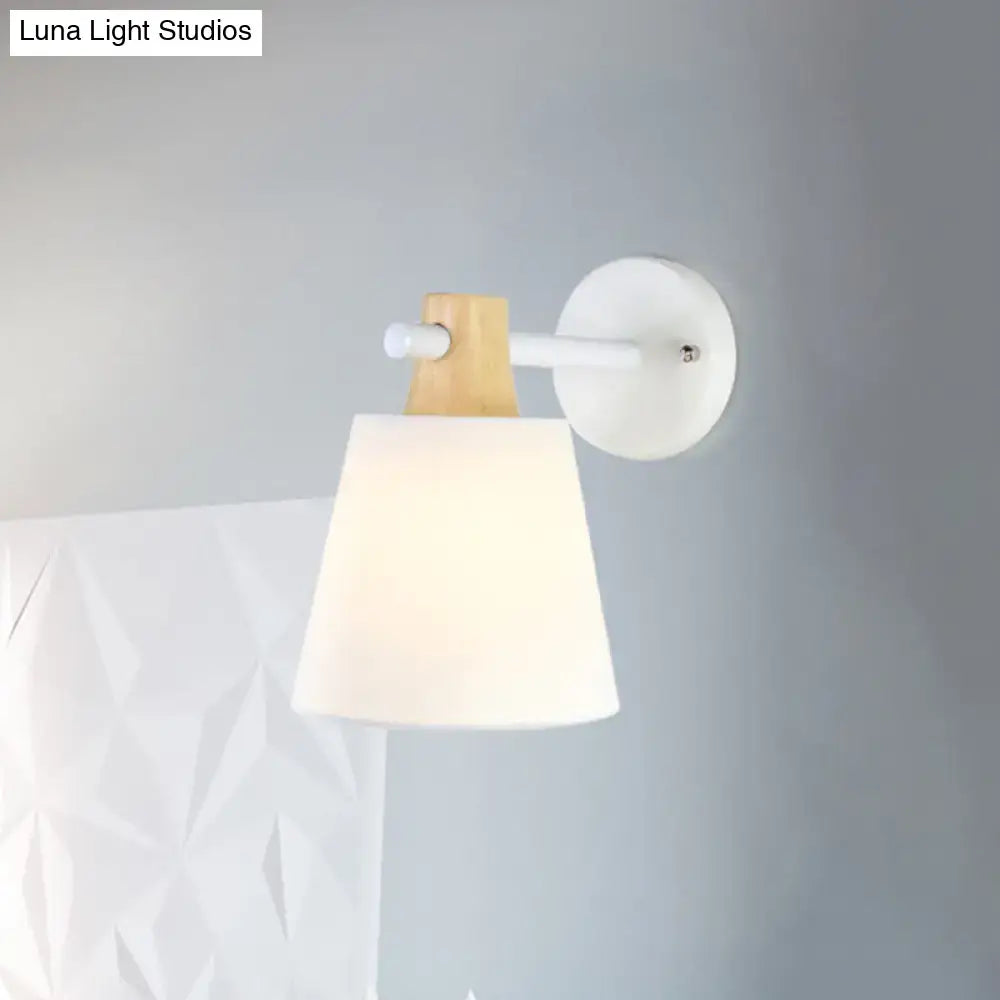 Yellow macaron fabric wall light with wood accent sconce, white shade on wall by Decorbites on Tampa Home & Garden Store