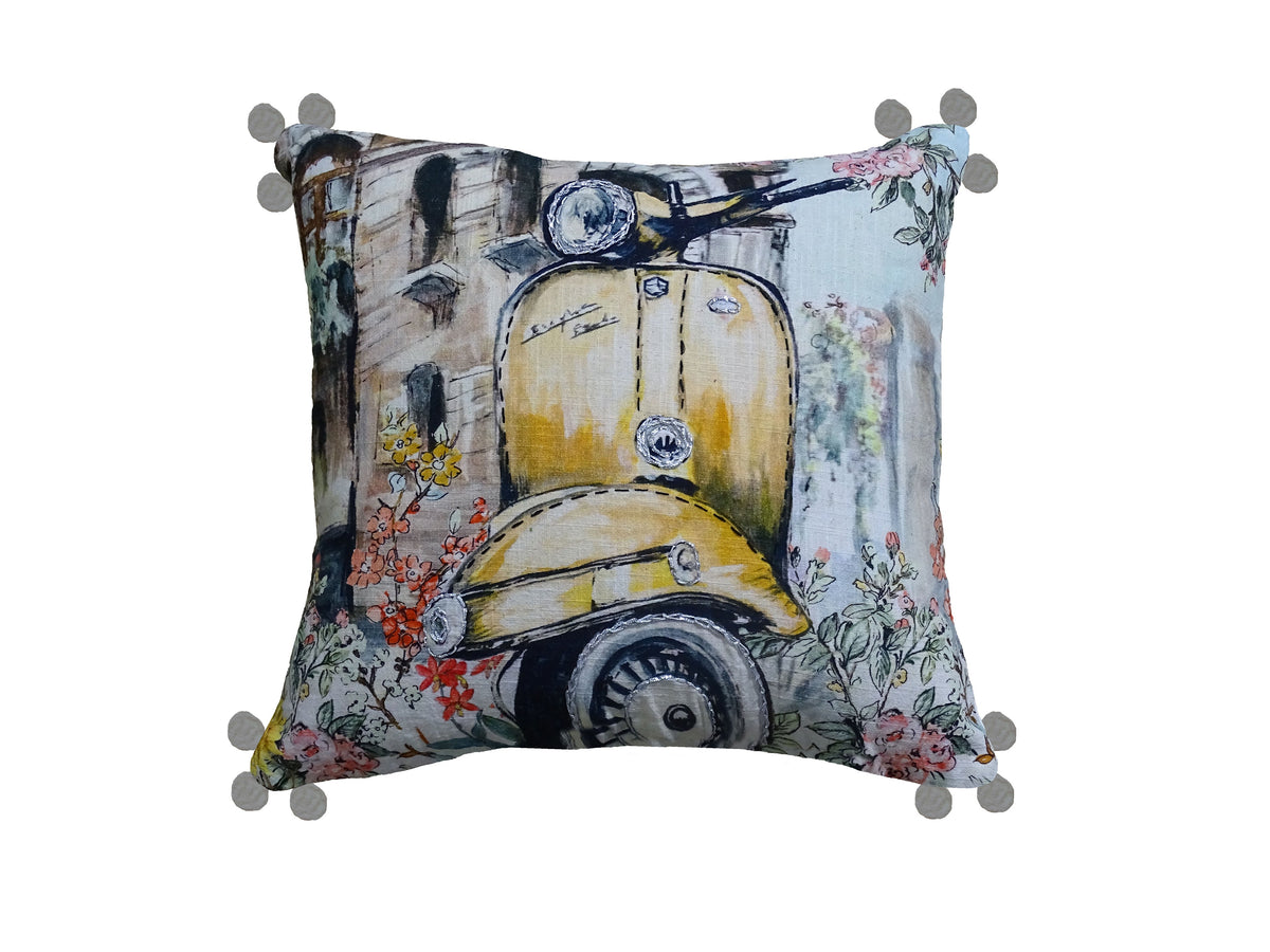 Vibhsa decorative throw pillow cover Yellow Vespa print with floral border and tassels on Tampa Home & Garden Store