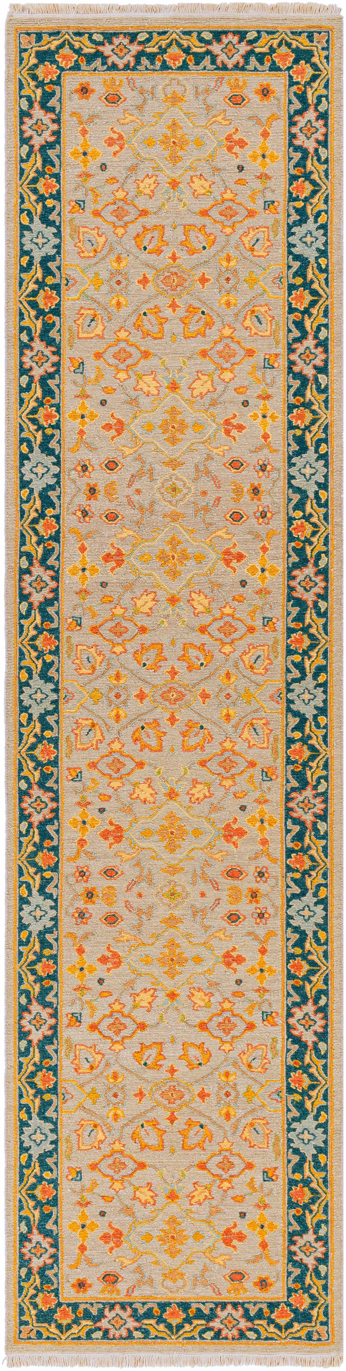Yenimahalle Premium Rug by Boutique Rugs beige field with teal border on Tampa Home & Garden Store