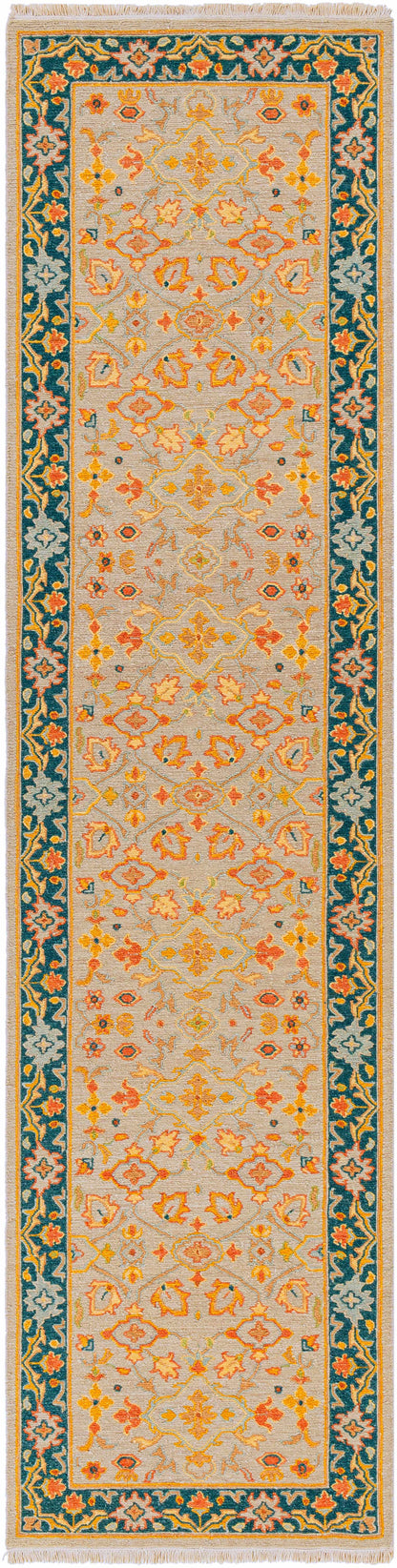 Yenimahalle Premium Rug by Boutique Rugs beige field with teal border on Tampa Home & Garden Store